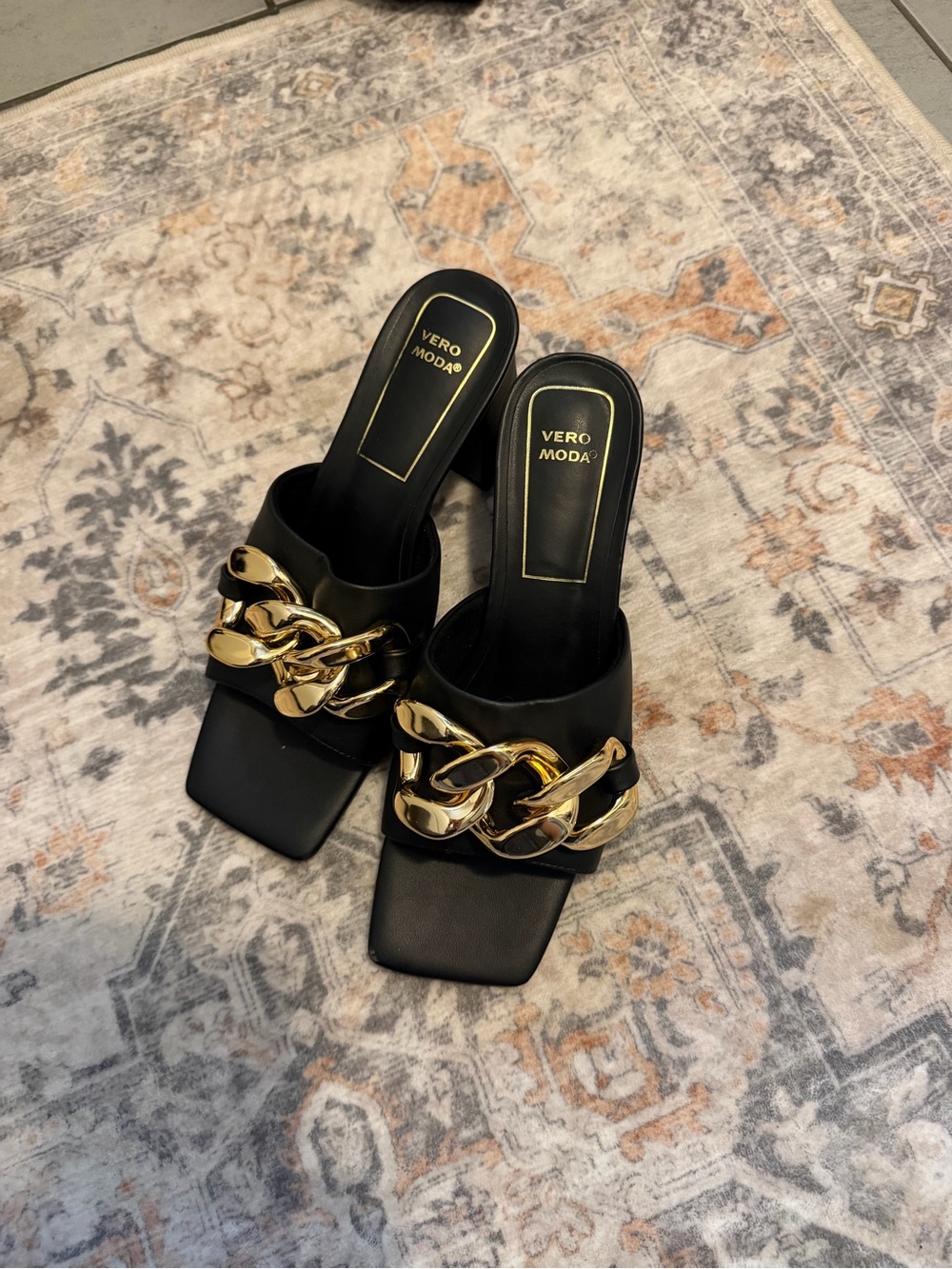 Vero Moda Black Mules with Gold Chain Detail